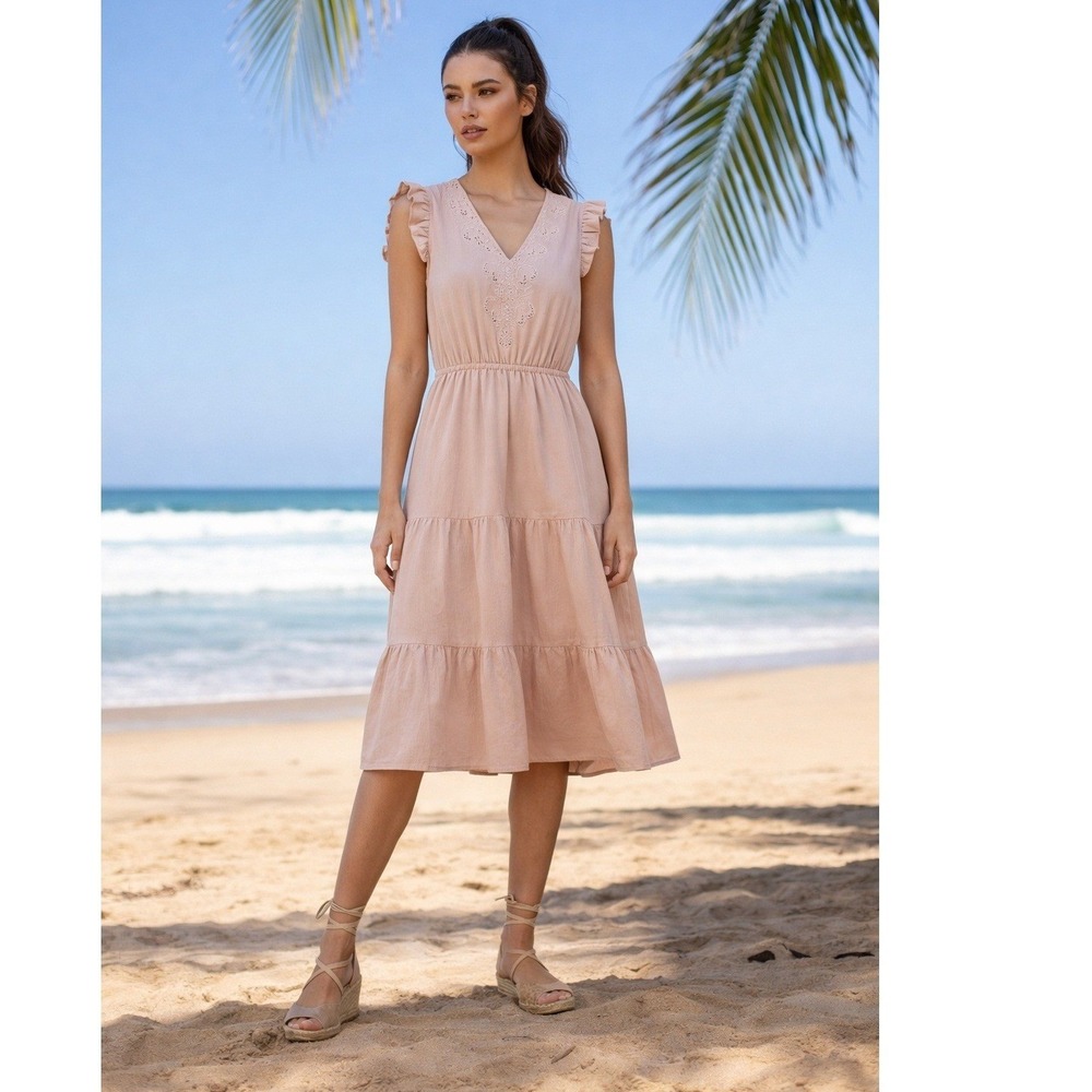 Parisian M&M Monogram NWT 100% Cotton Slub Eyelet Lace Tiered Midi Dress S $148‎